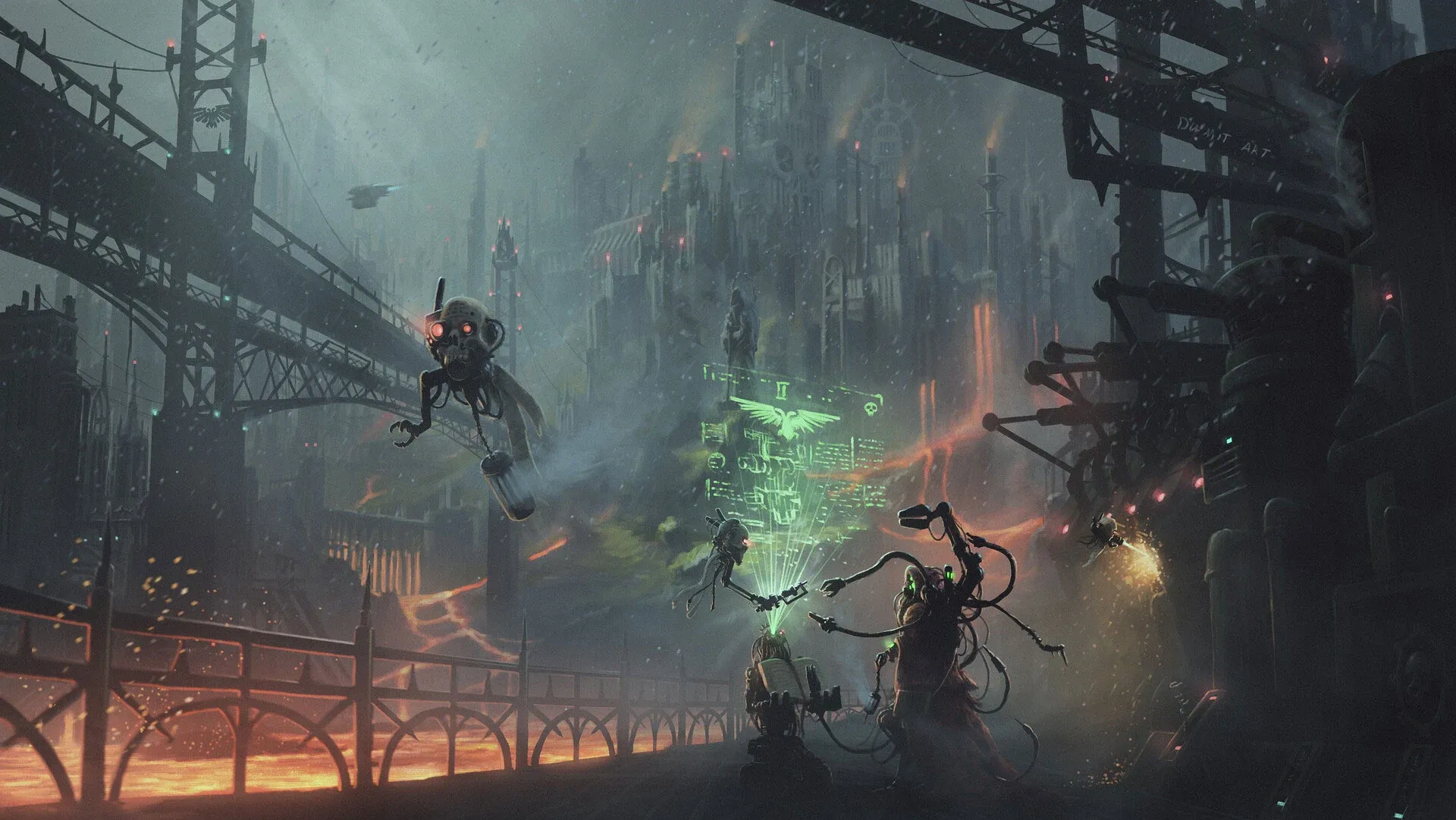A Tech-Priest of the Adeptus Mechanicus oversees the reactivation of a Forge World manufactorum. Mechadendrites extend from the robed figure as it interfaces with a glowing green hololithic display bearing the Imperial Aquila. A servo-skull hovers nearby amidst the industrial gloom, while rivers of molten metal flow below towering gothic structures wreathed in smoke and ember-lit haze.