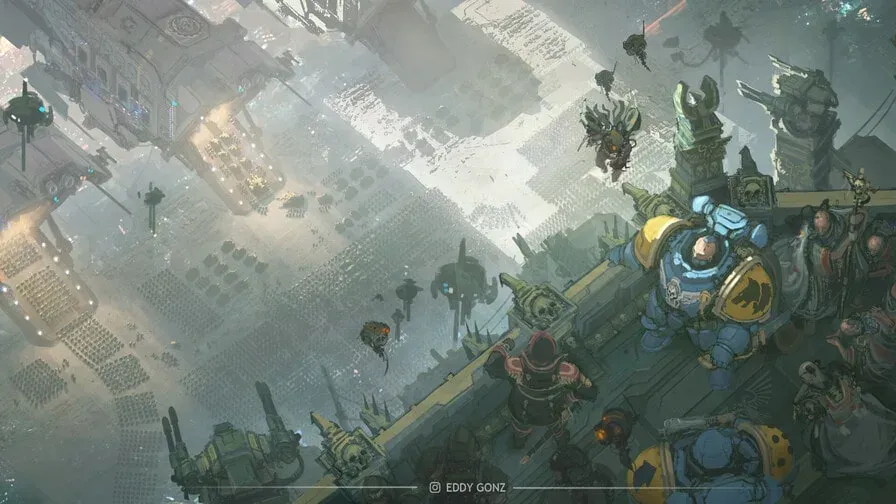 Space Marines, Inquisitors and Imperial Guards oversee the landing of numerous troops.