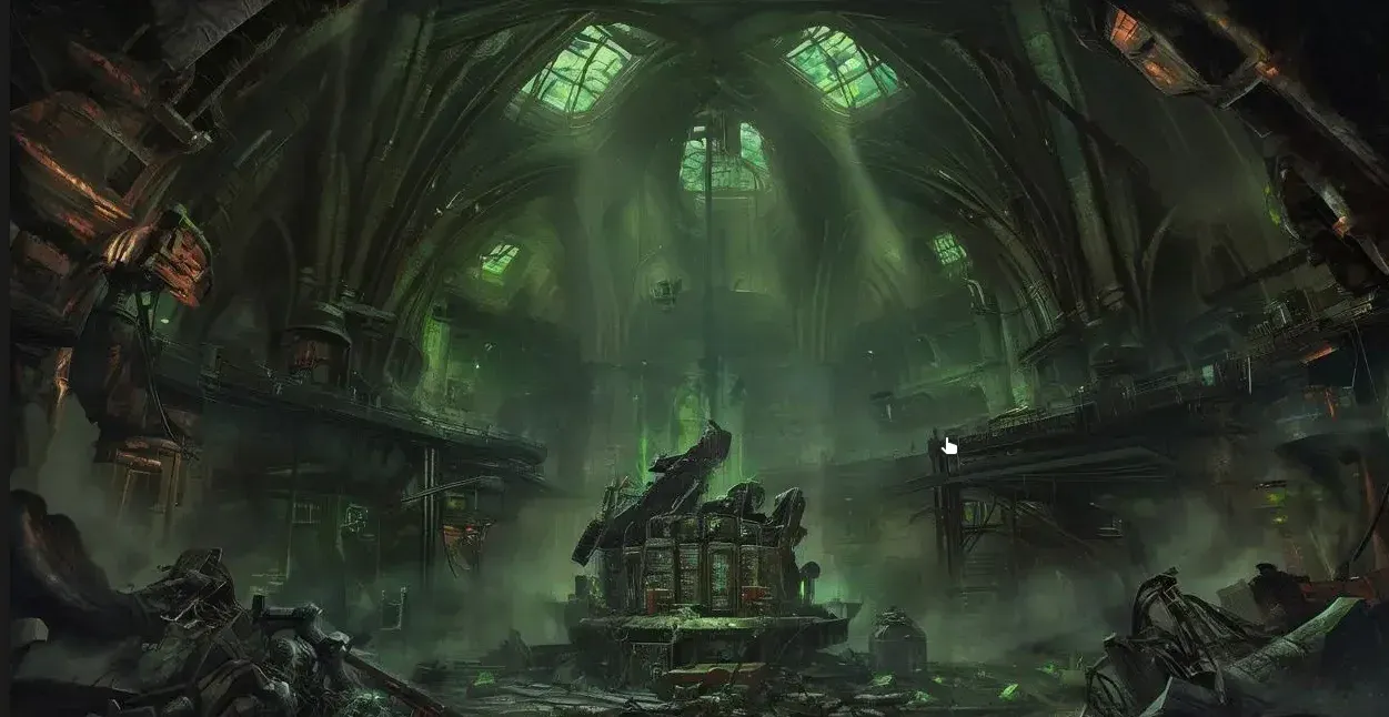 Ruined interior of a Mechanicum research facility on Harpax III, with Gothic arches, green-lit windows, and debris-strewn floor shrouded in mist.