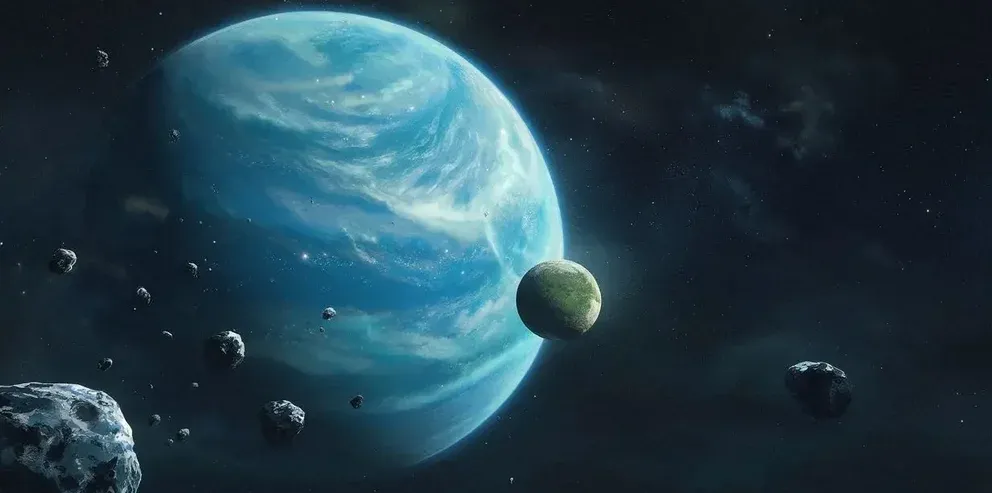 View from space of Harpax, a blue gas giant, with one predominantly green moon and a few asteroids orbiting it.