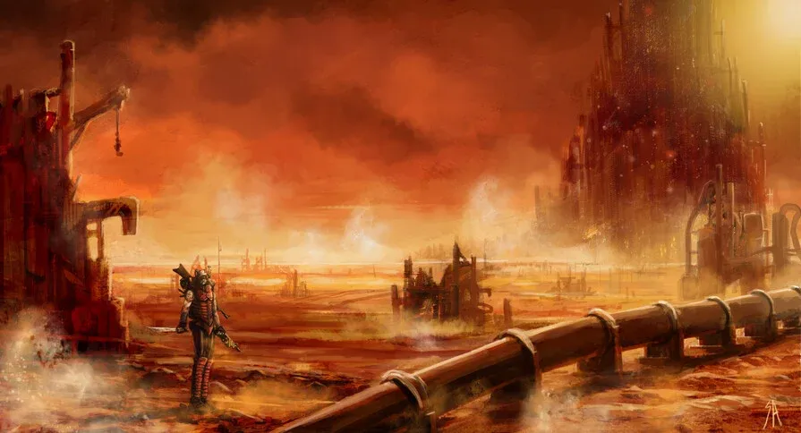 Predominantly red-hued landscape of ash wastes surrounding a large hive city with towering spires under a fiery sky.