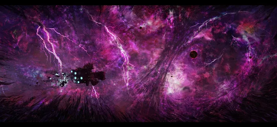 Imperial ships struggling against the waves of a Warp storm, with a planet visible in the distance.